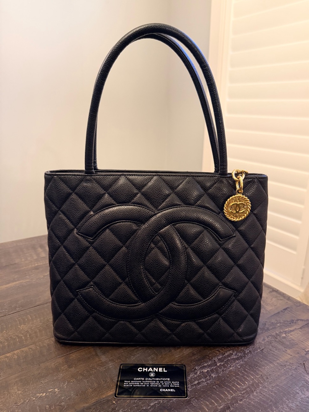 Vintage CHANEL Black Quilted Caviar Medallion Tote 24K gold-plated hardware